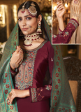 Resham Zari Work Maroon Color Crepe Silk Palazzo Salwar Suit