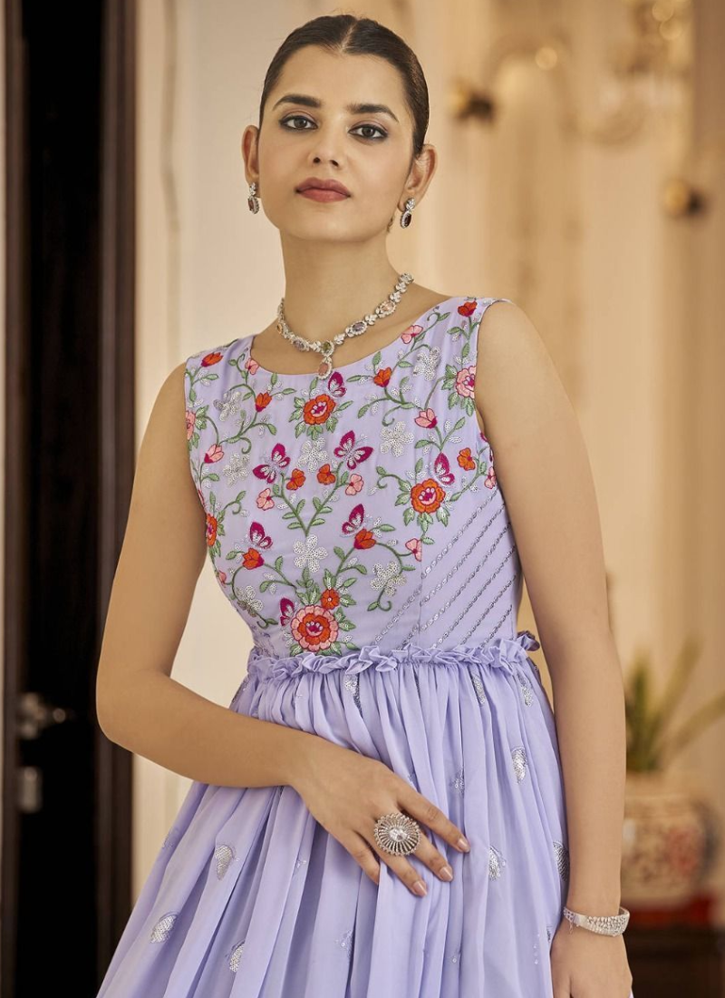 Stunning Georgette Lavender Embroidery Work Indo Western Gown