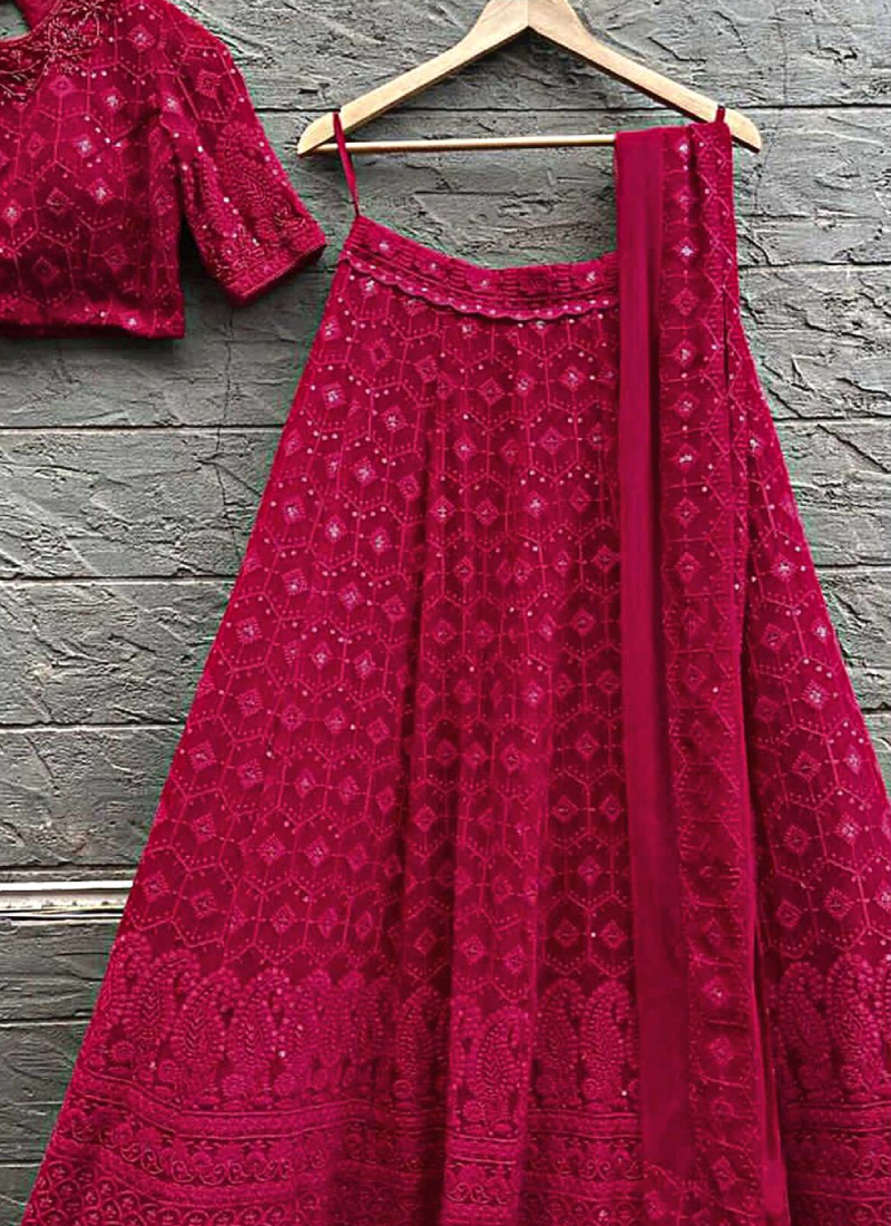 Stunning Georgette Thread Work Deep Pink Lehenga Choli