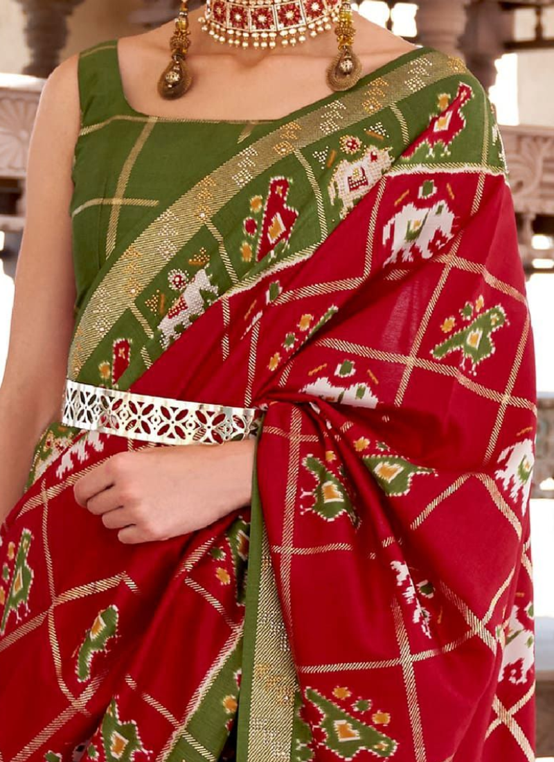 Swarovski Work Silk Red Patola Print Wedding Wear Saree