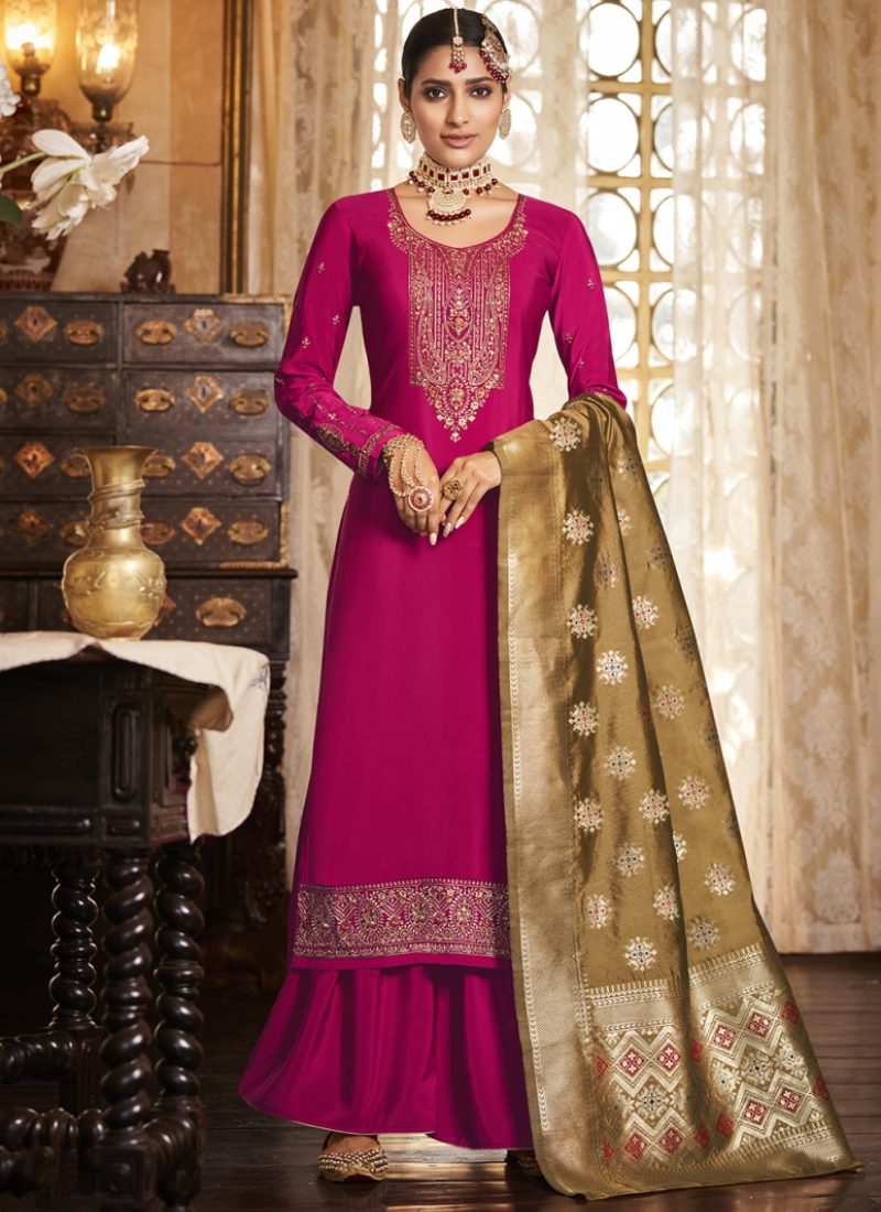 Trendy Resham Embroidery Crepe Silk Rani Pink Palazzo Suit
