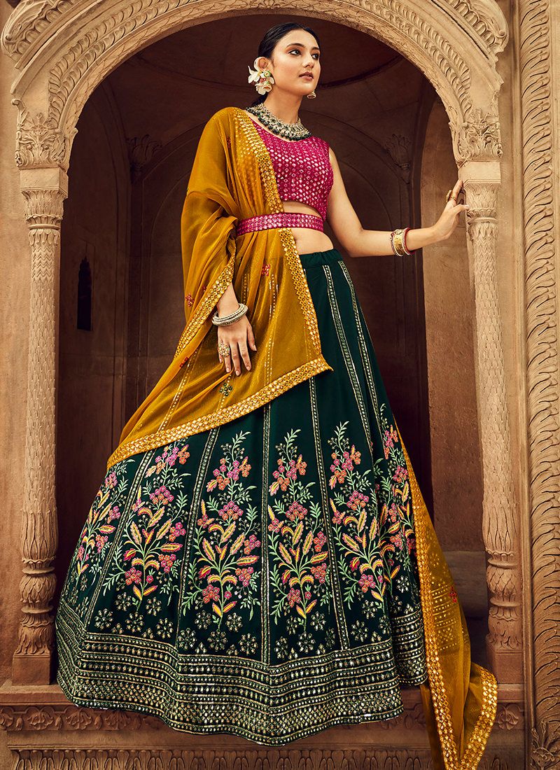 Unique Bottle Green Thread Embroidered Georgette Lehenga