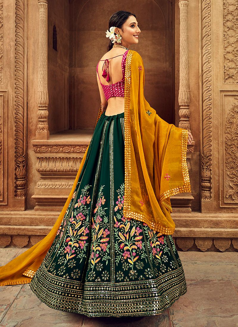 Unique Bottle Green Thread Embroidered Georgette Lehenga