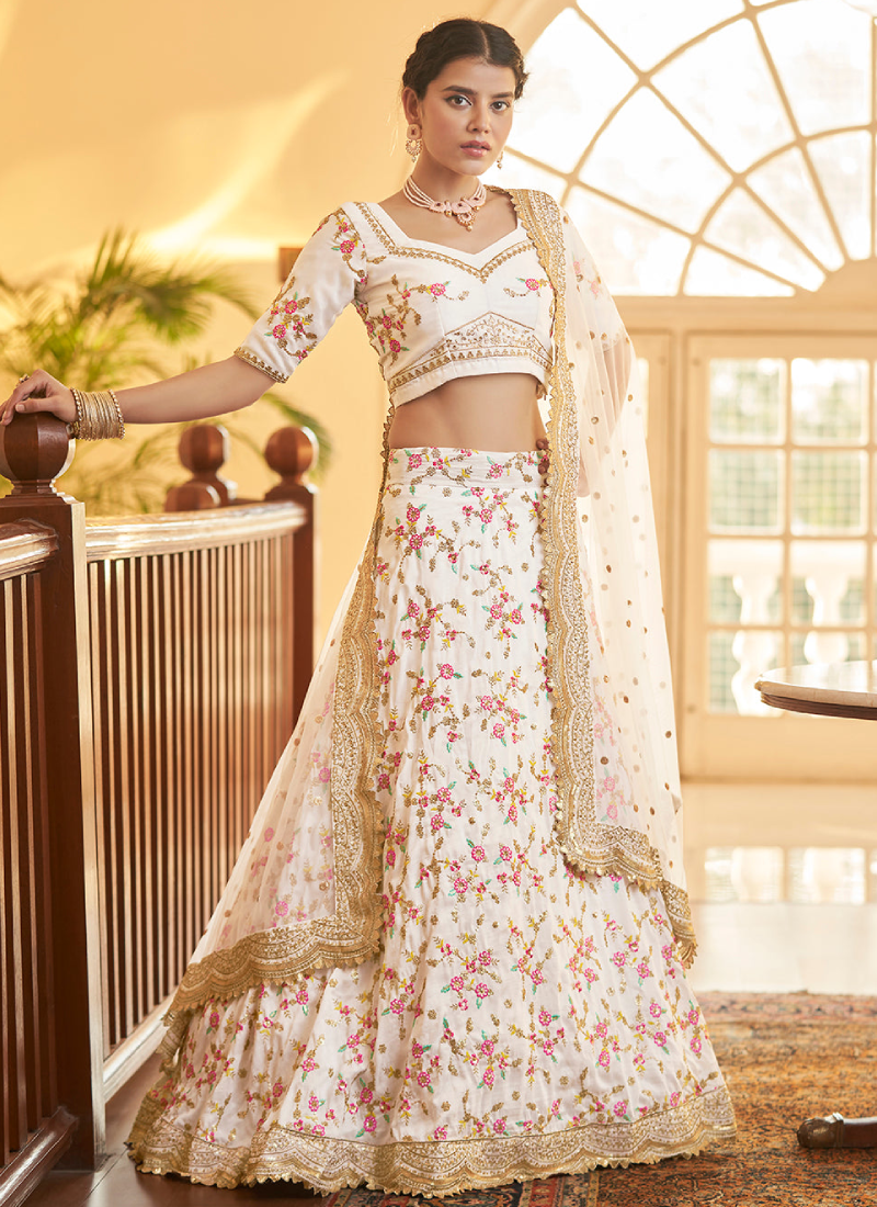 Unique Multi Thread Work Chinon Silk White Lehenga Choli