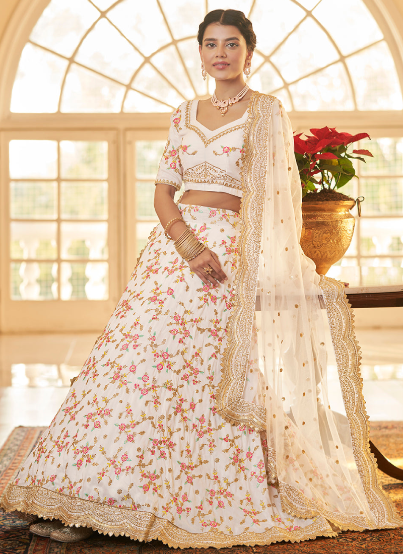 Unique Multi Thread Work Chinon Silk White Lehenga Choli