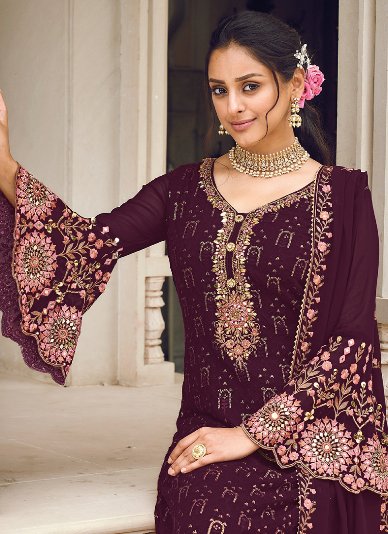Wine Color Embroidered Georgette Pant Style Suits Design