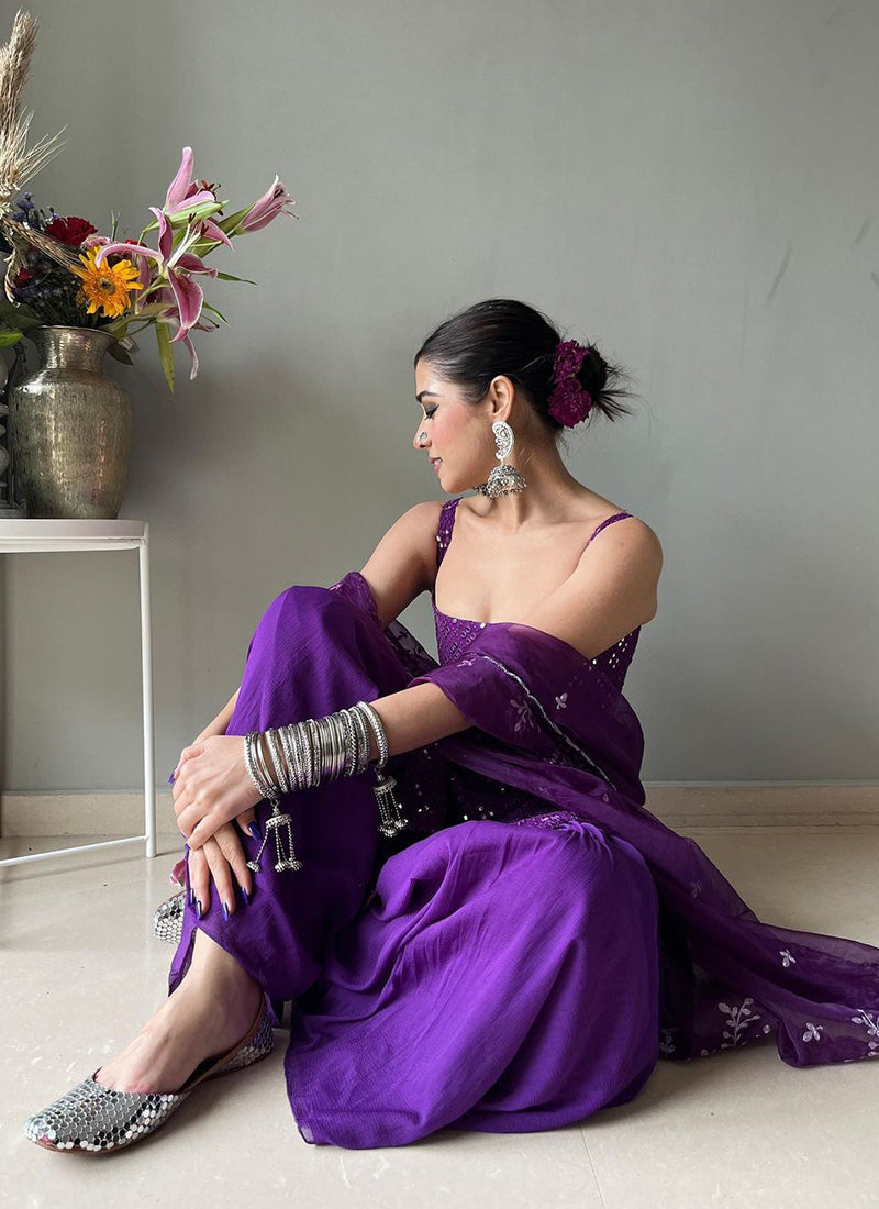 Stylish Purple Sequins Georgette Readymade Sharara Suit