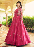 Wedding Special Embroidered Cotton Rani Pink Multi Koti Gown