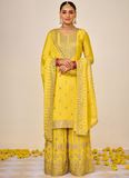 Yellow Chinon Resham Work Yellow Plazzo Suit For Haldi Function