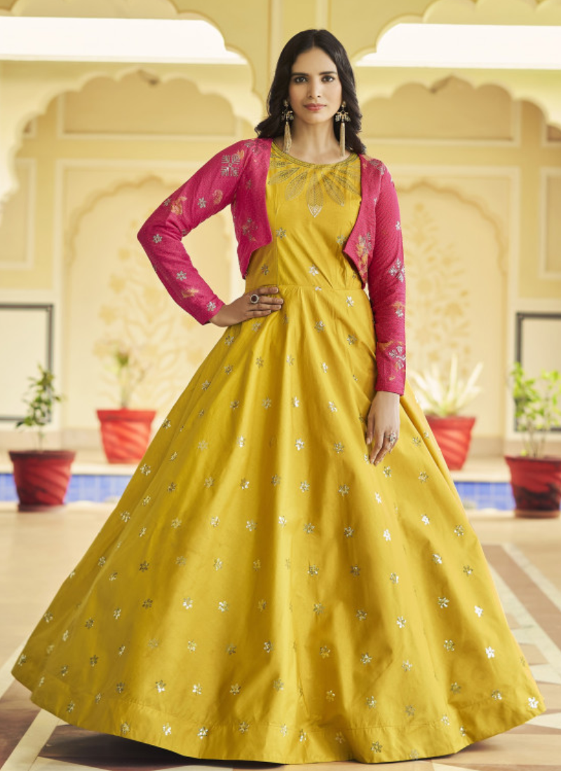 Yellow Sequence Work Cotton Jacket Gown For Haldi Function