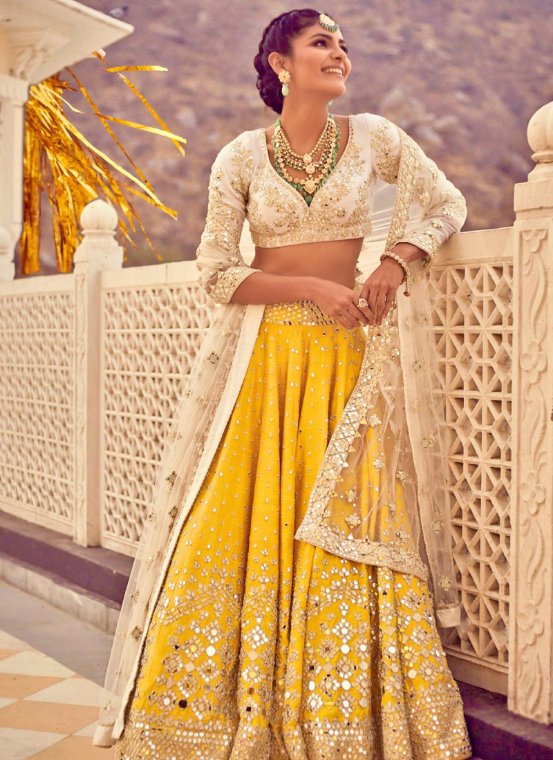 Yellow Silk Mirror Work Haldi Special Outfit Lehenga Choli