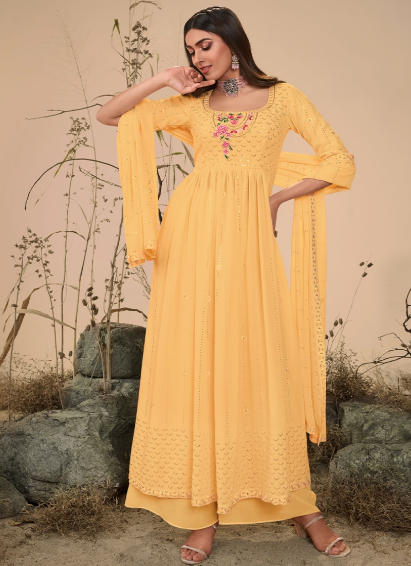 Yellow Thread Sequence Work Georgette Palazzo Suit For Haldi