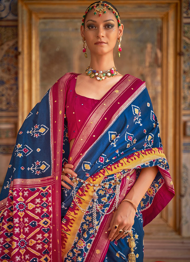 Royal Blue Viscose Dola Silk Handwork Patola Saree for Wedding