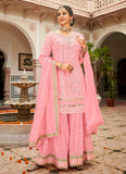 Sequence Work Pink Georgette Plazzo Suit With Dupatta Set