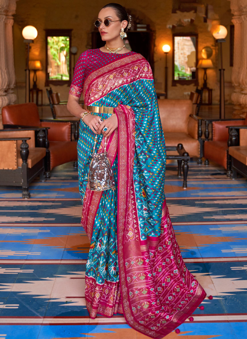 New Patola Design in Silk Fabric with Contrast Pallu