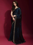 fashionable Black Stone Work Georgette Saree And Blouse