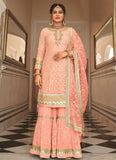 Fashionable Peach Embroidery Work Plazzo Suit For Wedding