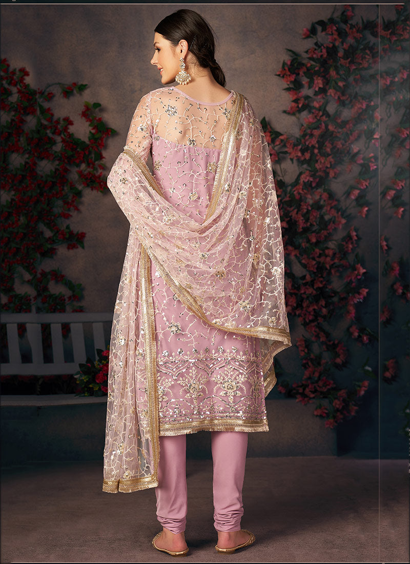 Churidar Style Sequence Embroidered Work Pink Mono Net Suit