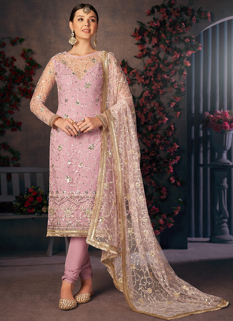 Churidar Style Sequence Embroidered Work Pink Mono Net Suit