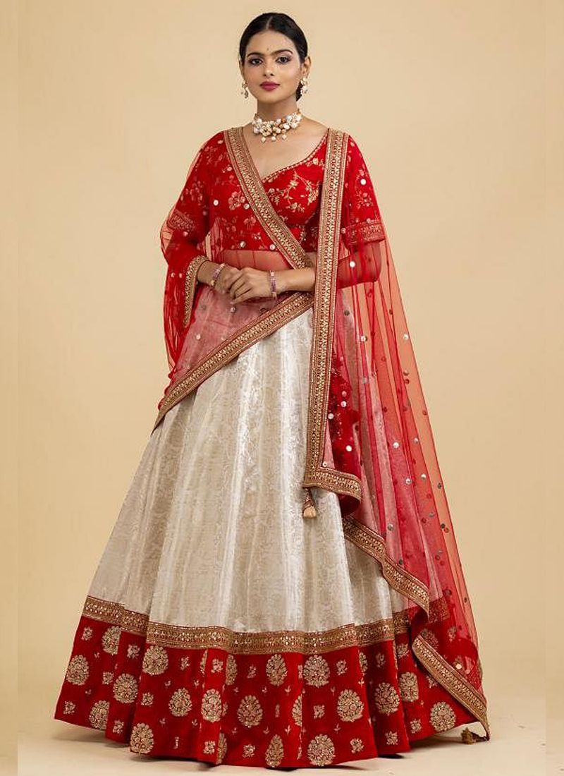White Banarasi Silk Embroidered Bridal Lehenga For Wedding