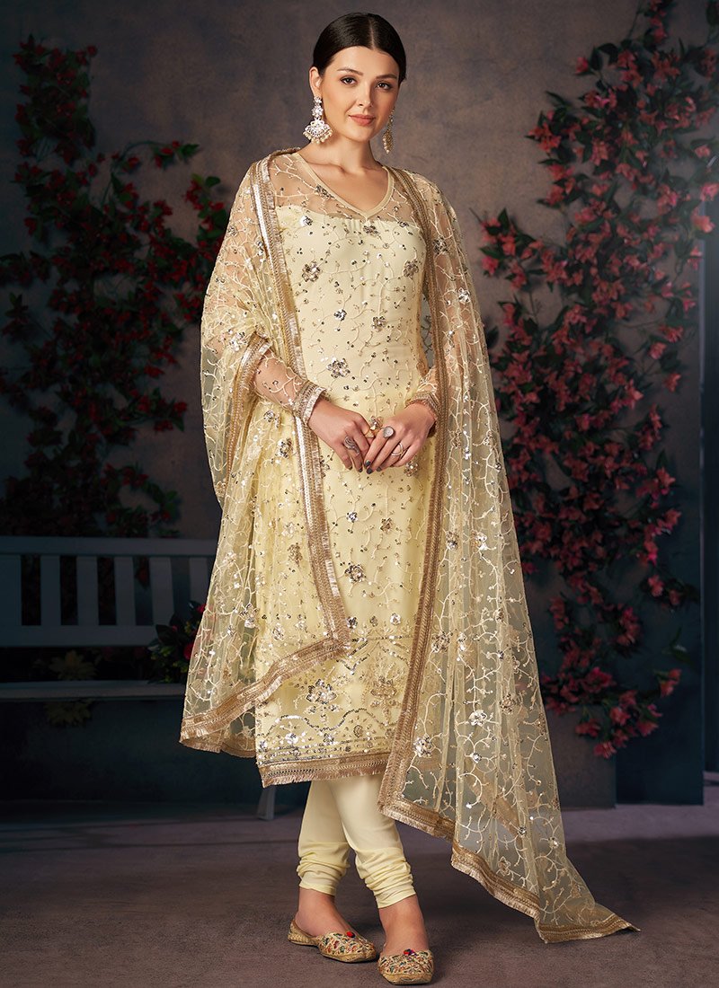Designer Mono Net Embroidery Yellow Churidar Salwar Suit